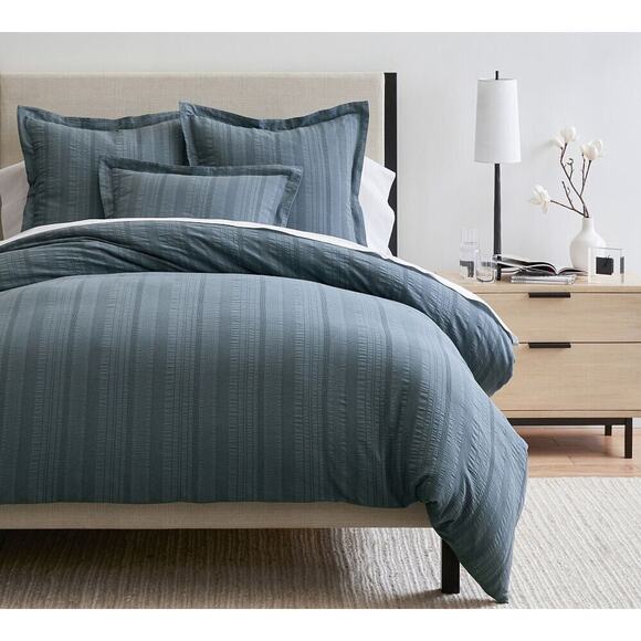 Pottery Barn Sonoma Textured Striped Duvet Cover Steel Blue Full/Queen New - Picture 1 of 3